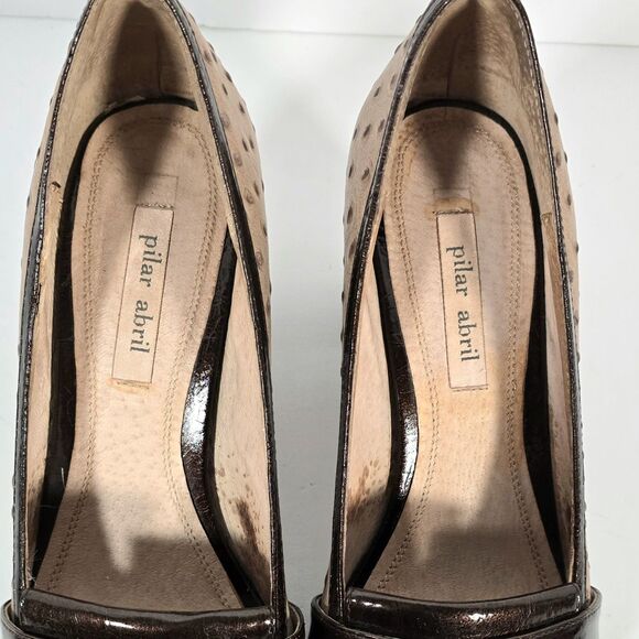 Pilar Abril Ostrich Leather Block Heel Shoes‎ EU 40 US 9.5 Tan Brown Tassels - Picture 7 of 12